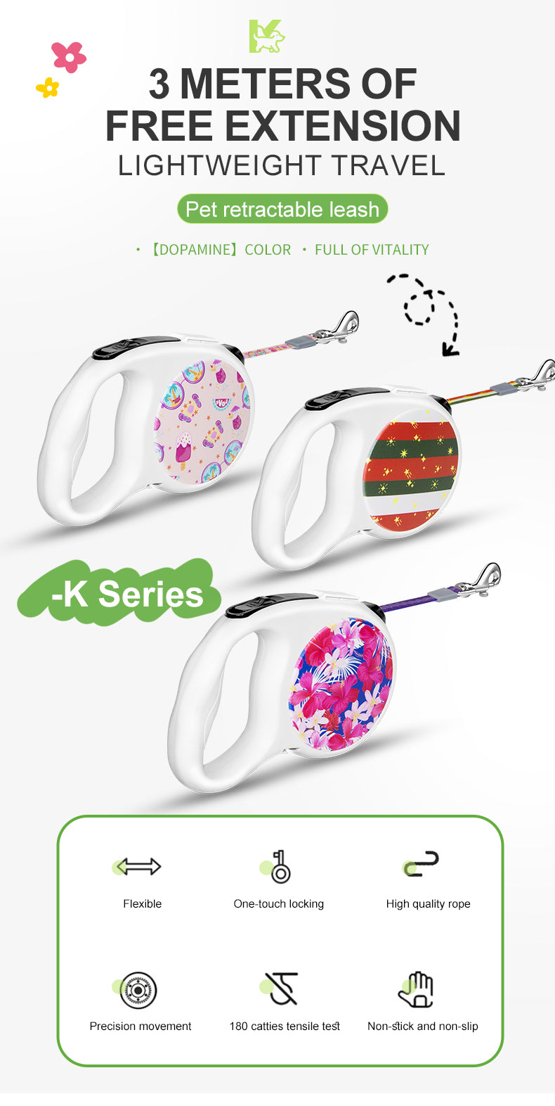 Hot Sell Factory Retractable Dog Leash Adjustable Dog Leads Retractable Pet Leash with Colorful Printed