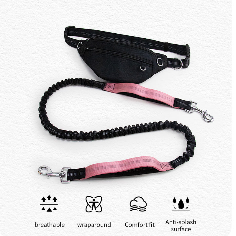 Hands Free Dog Running Leash with Waist Belt Pouch Bag